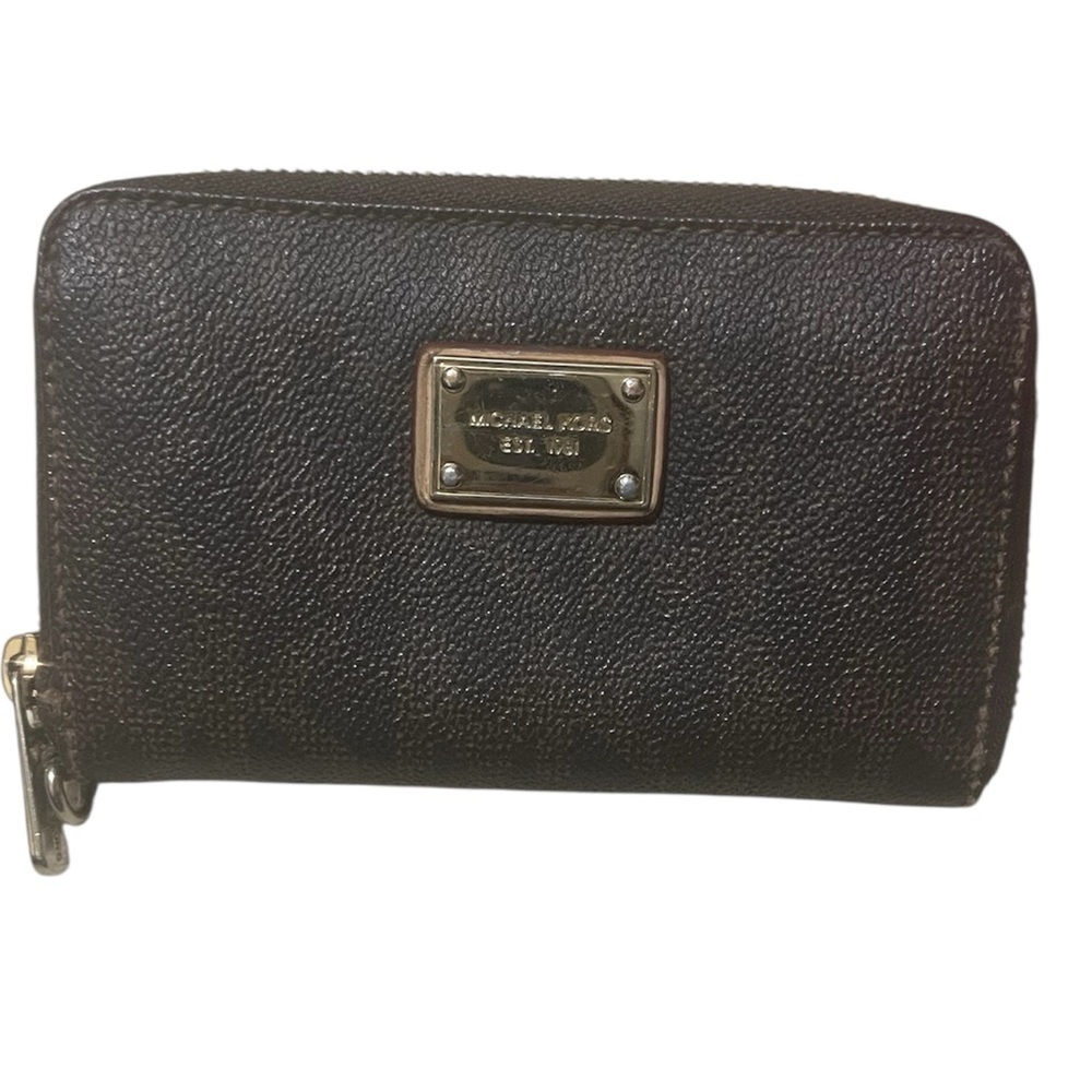 Michael Kors Brown MK Leather Zip Around Wallet with Gold Interior